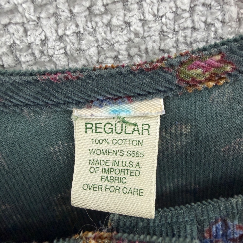 Vintage LL Bean Corduroy Dress Women's L Green Floral Button Front Midi Pockets - Picture 6 of 10